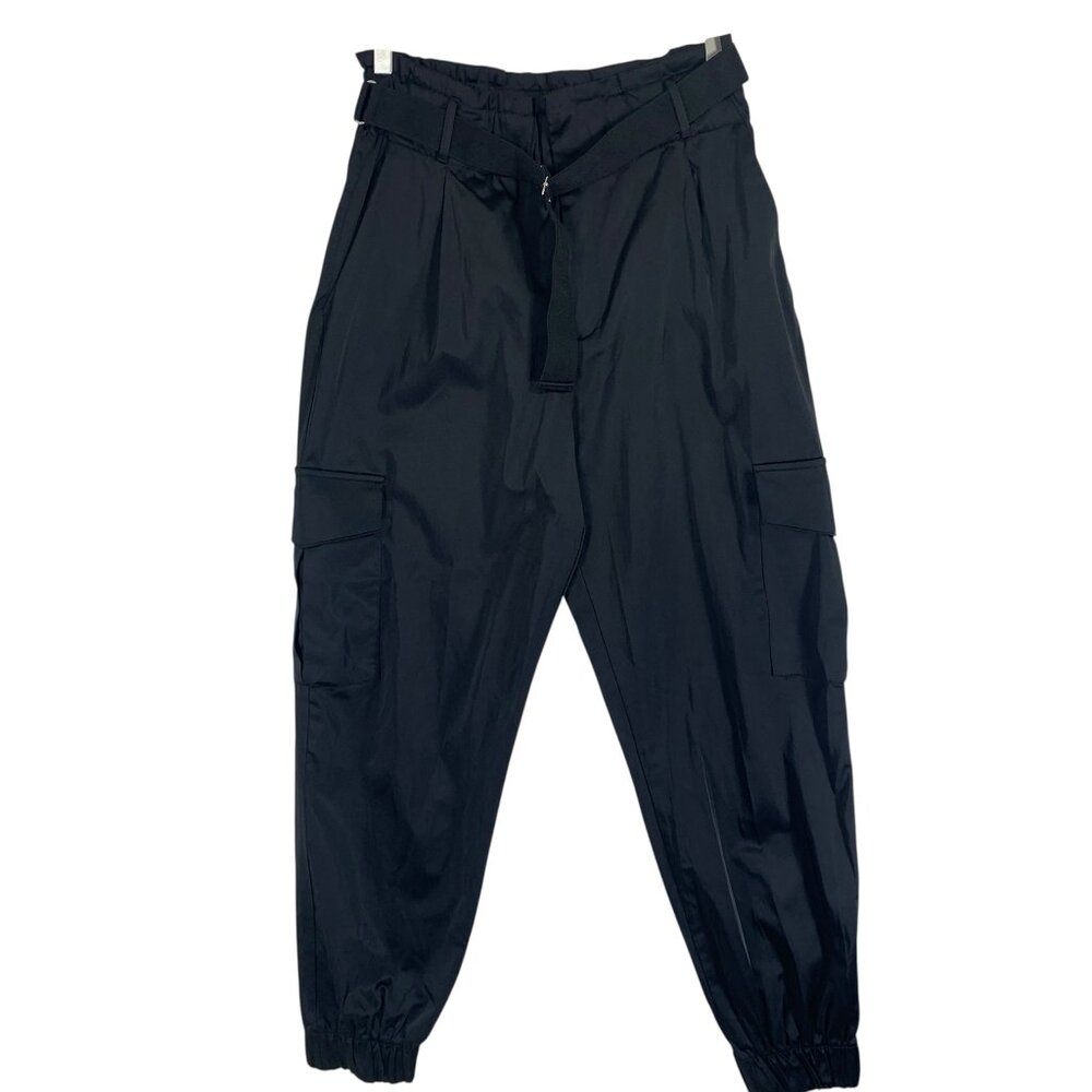 Zara women's black satin edgy sleek Cargo Pants size med